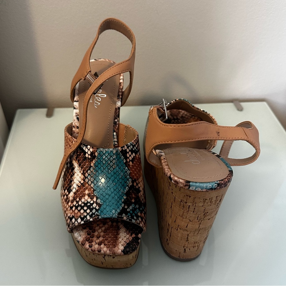 Charles teal and tan snakeskin and cork wedges. Size 6.
